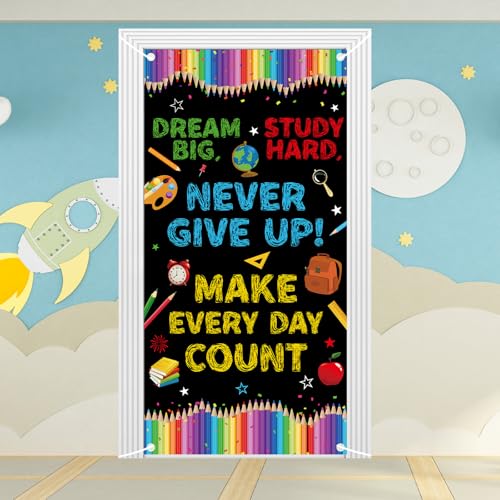 71 x 35 Inches Welcome First Day of School Motivational Door Cover Banner for Doorway Wall, Large Dream Big Never Give Up Make Every Day Count Poster Sign, Back to School Decor for Teachers Students